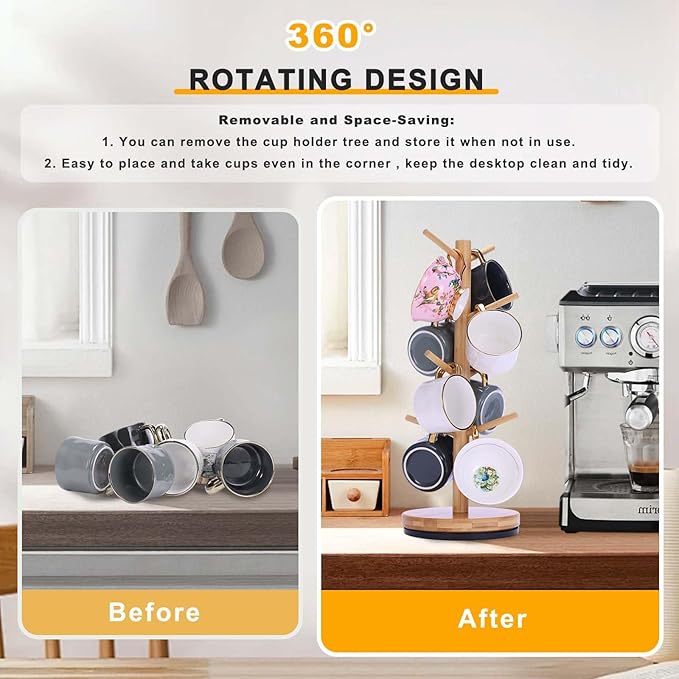 Bamboo 360° Rotating 8-Hook Coffee Mug Holder high quality