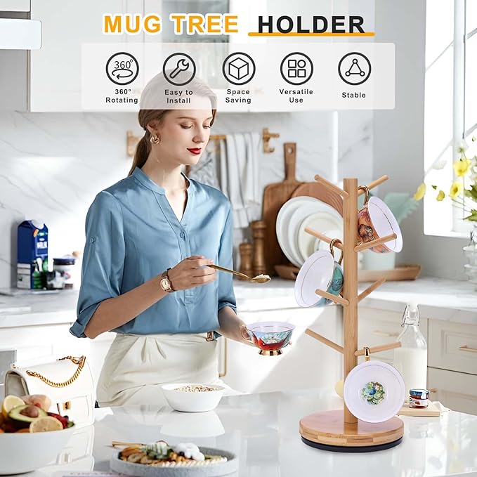 Bamboo 360° Rotating 8-Hook Coffee Mug Holder price