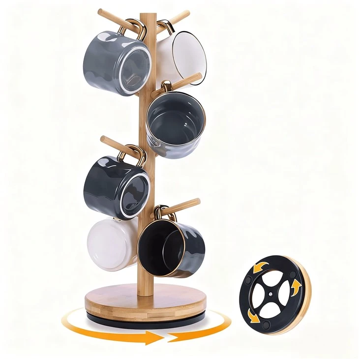 Bamboo 360° Rotating 8-Hook Coffee Mug Holder manufacturers
