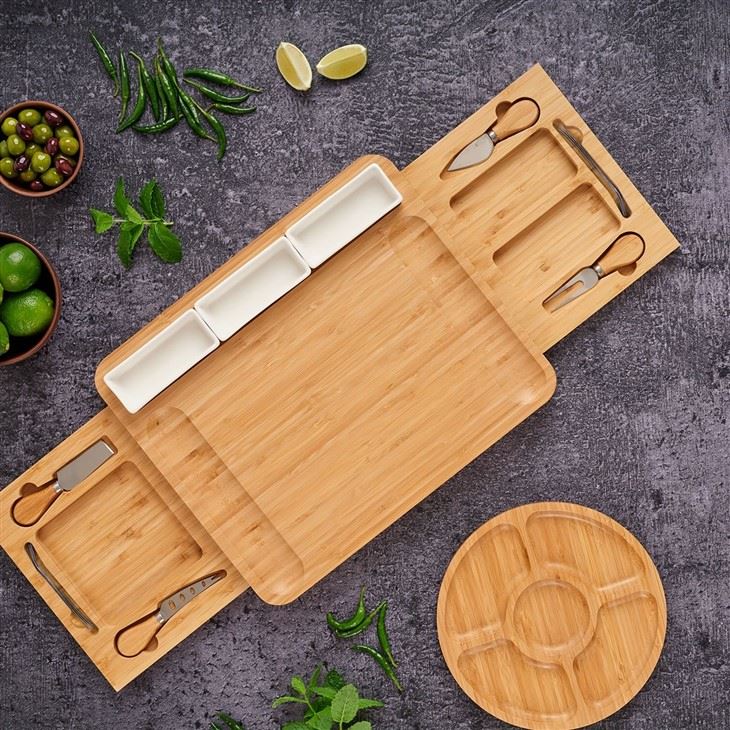 Bamboo Charcuterie Board With Slide-Out Utensil Drawers (5)