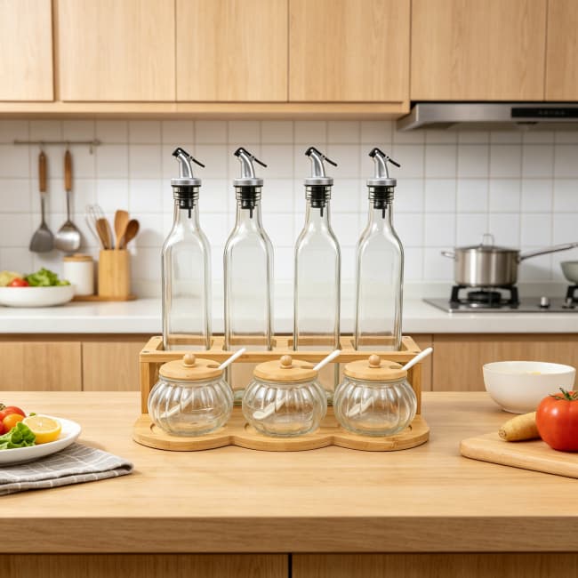 Oil Dispenser Bottle Set With Bamboo Holder factory