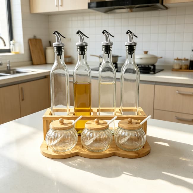 Oil Dispenser Bottle Set With Bamboo Holder manufacturers
