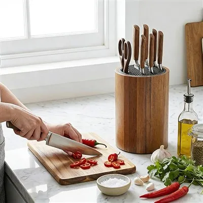 Round Wooden Countertop Knife Block