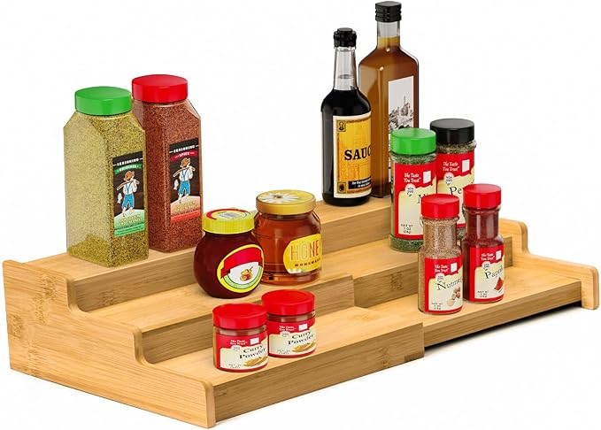 3 Tier Expandable Bamboo Spice Rack Organizer