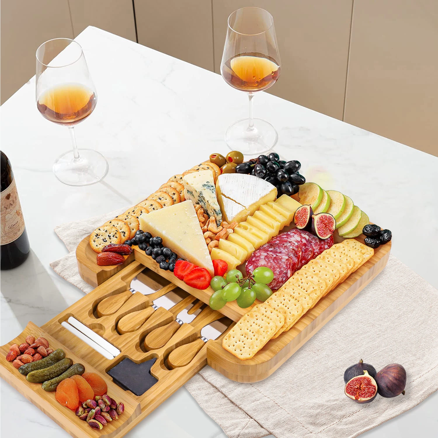 Bamboo Cheese Platter with Cheese Utensils 8