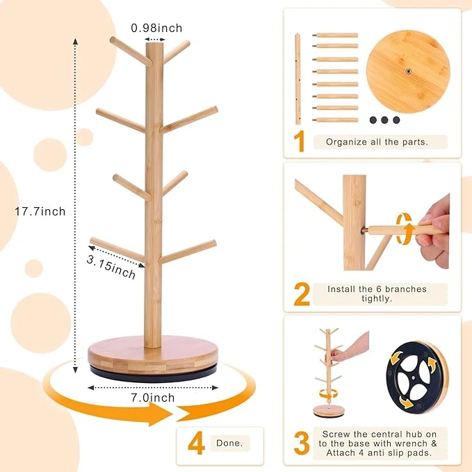 Bamboo 360 Rotating 8-Hook Coffee Mug Holder 4