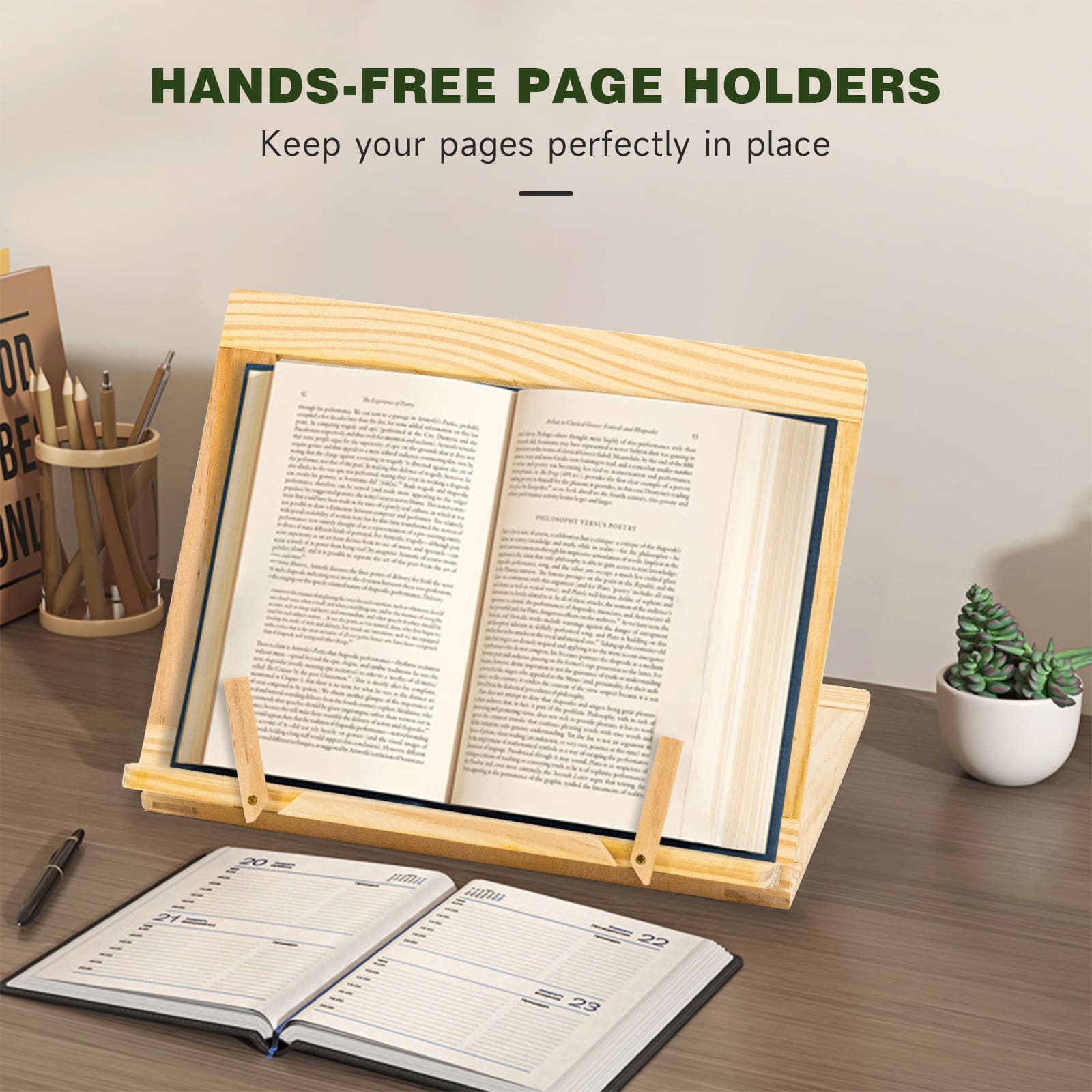Adjustable Wooden Book Holder With Page Paper Clips
