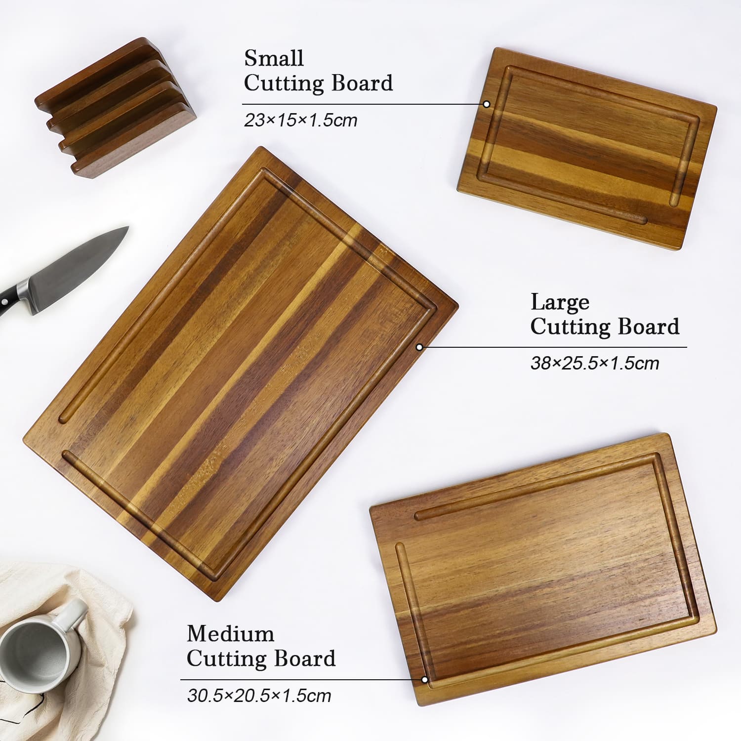 3 Piece Acacia Wooden Cutting Board Set With Stand 3 Piece Acacia Wooden Cutting Board Set With Stand