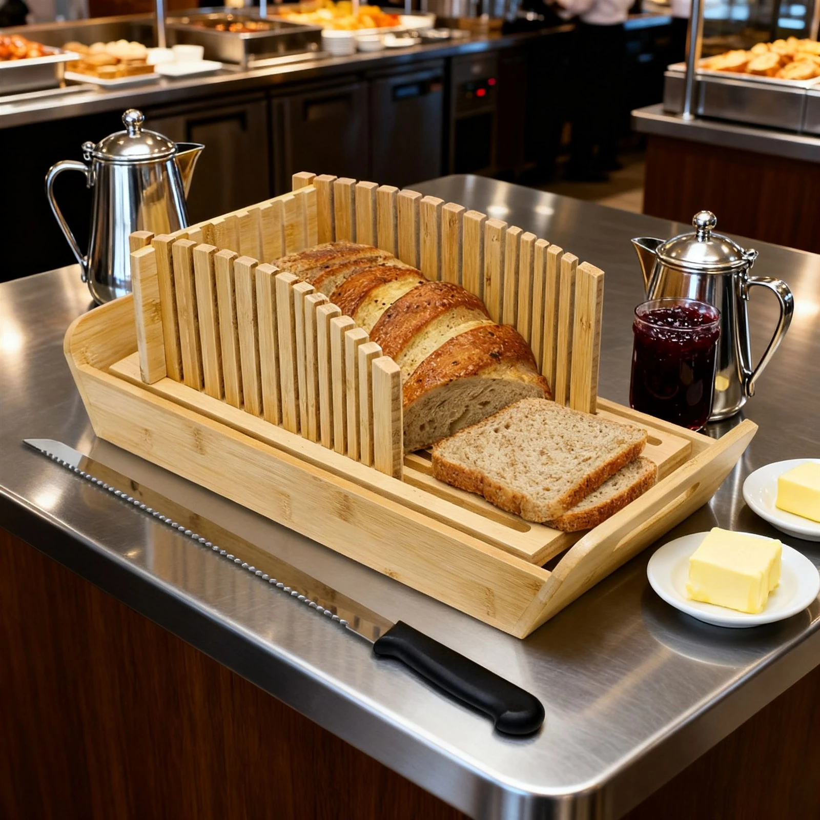 Adjustable Bamboo Bread Cutter with Knife