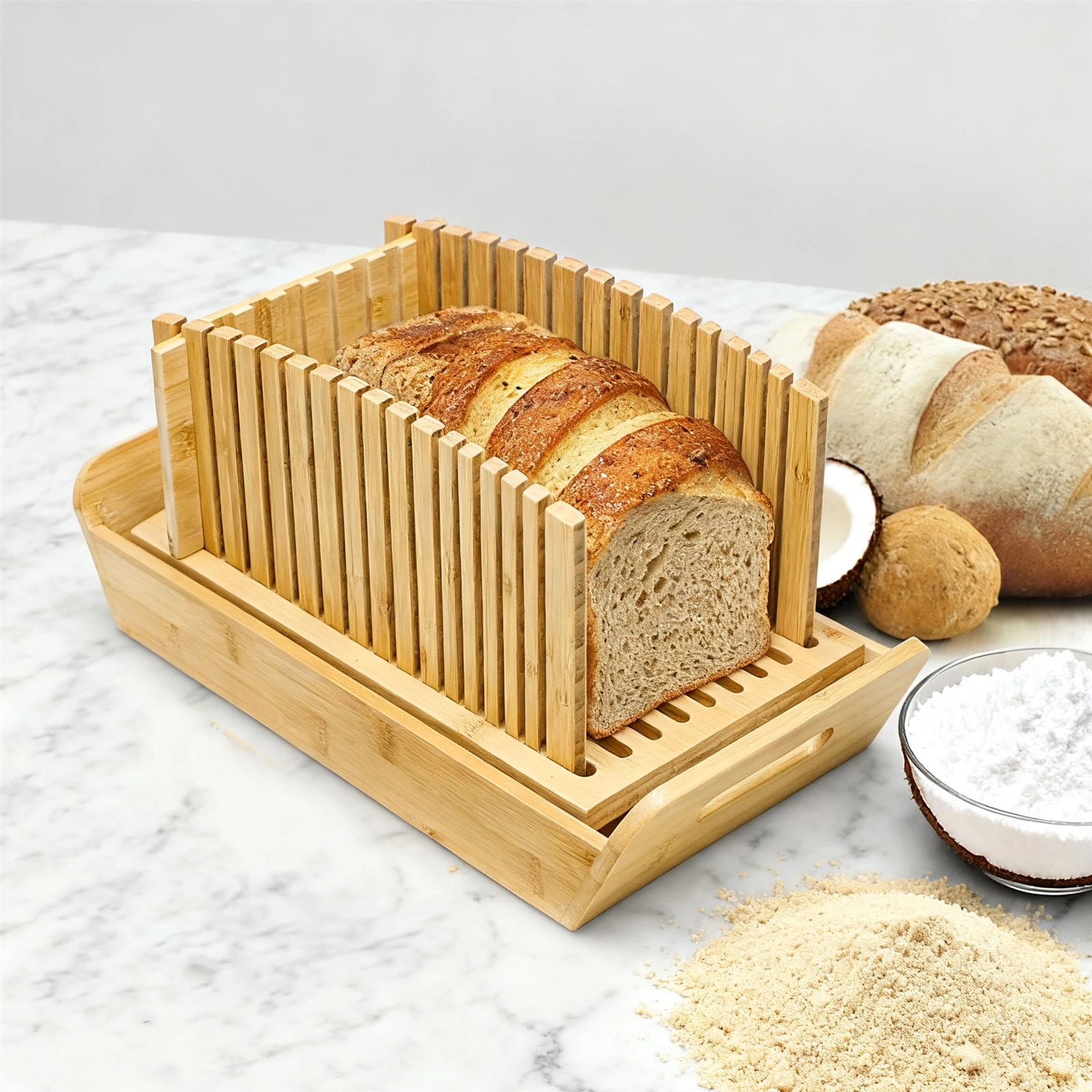 Adjustable Bamboo Bread Cutter with Knife