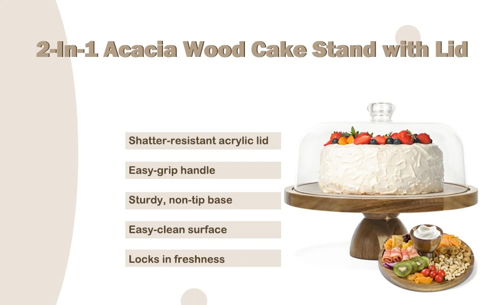 Acacia Wood Cake Stand with Lid 2-In-1 Cake Plate with Lid 12in Round Dessert Table Display Set Raise Dome for Charcuterie Board Cheese Chips Dips Nachos Fruit Platter 12 8