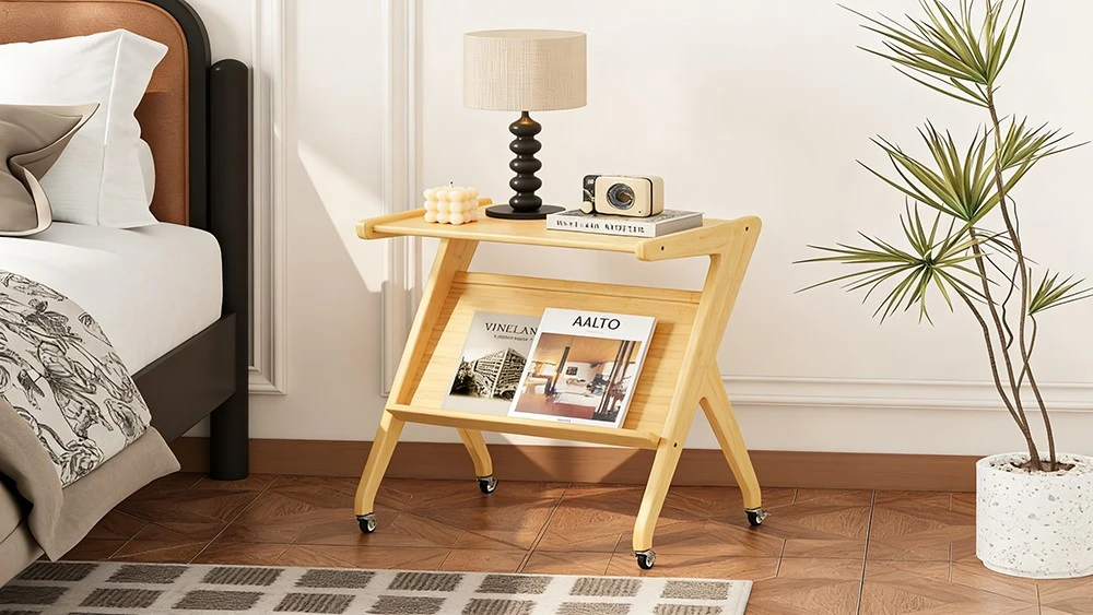 Bamboo Rolling Side Table With Lockable casters 1