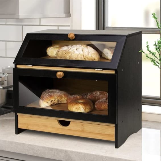 black bamboo bread box with drawer